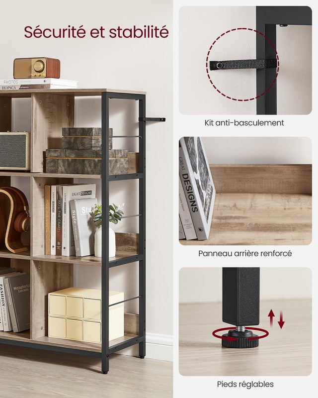 Meuble de Rangement 3 Niveaux, Étagère Rangement, Bibliothèque Style Industriel, 9 Cubes, 30 x 100 x 103,1 cm, Marron Camel et Noir d'Encre - 6