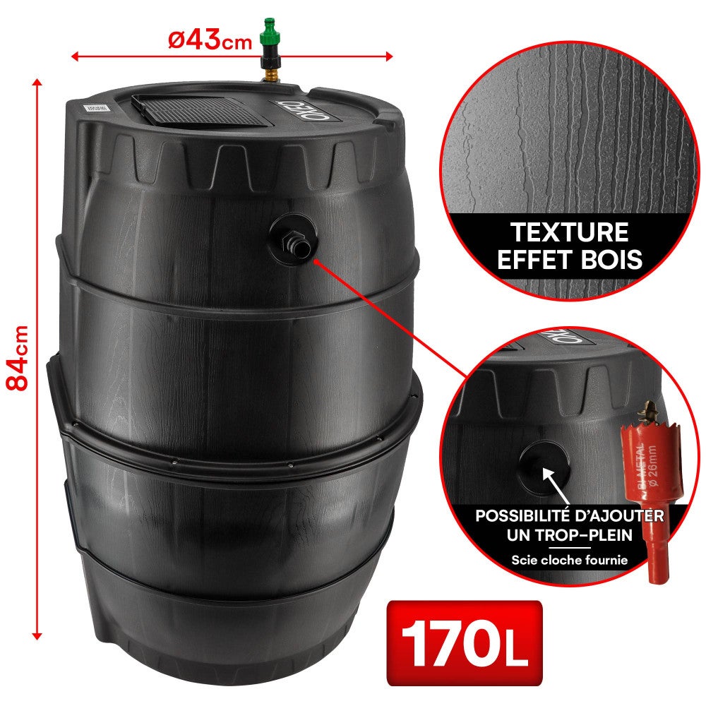 Récupérateur eau de pluie semi-rigide - 170L - Tonneau résistant au gel - Tuyau - Kit perçage Trop-plein - 4