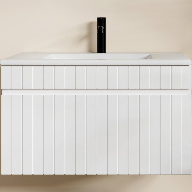 Szafka łazienkowa wisząca ryflowana biała z umywalką wpuszczaną w blat - 80 cm - SATARA