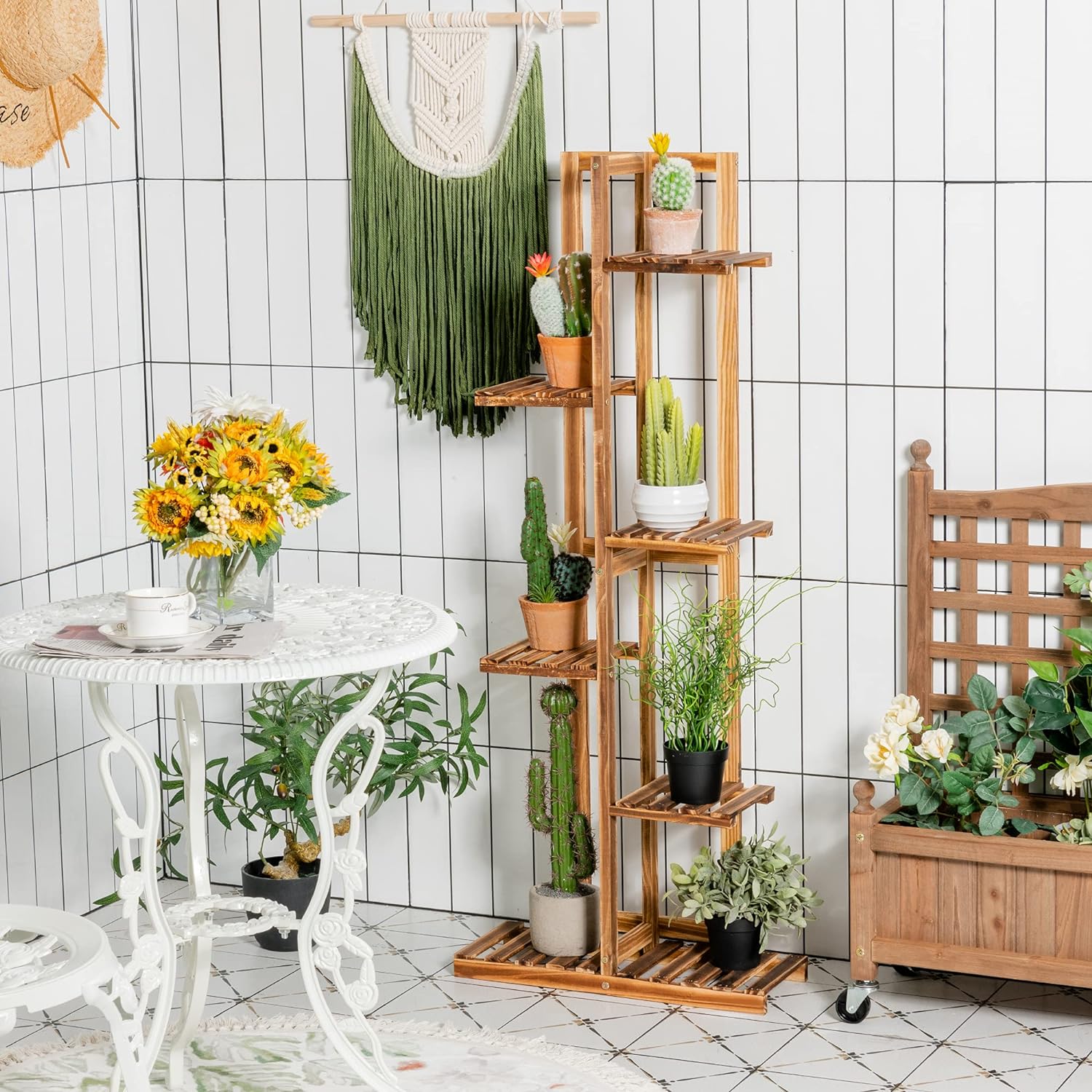 Étagère pour Fleurs en Bambou 6 Niveaux Autoportante 7 Pots Naturel - 8