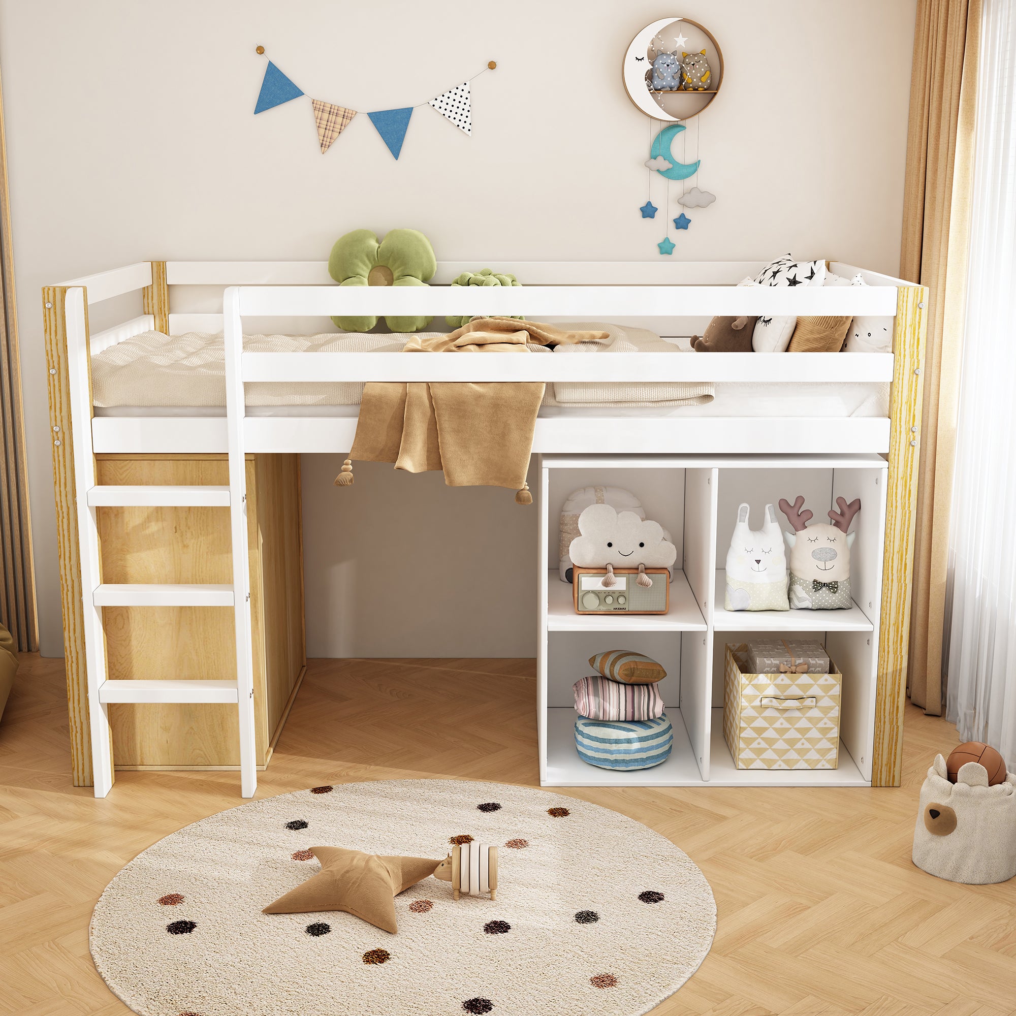 Łóżko piętrowe dla dzieci 90 x 200 cm - 2 szafy i drabinka - Drewno lite + MDF - Kolor naturalny + biały (materac nie jest wliczony w cenę) - 2
