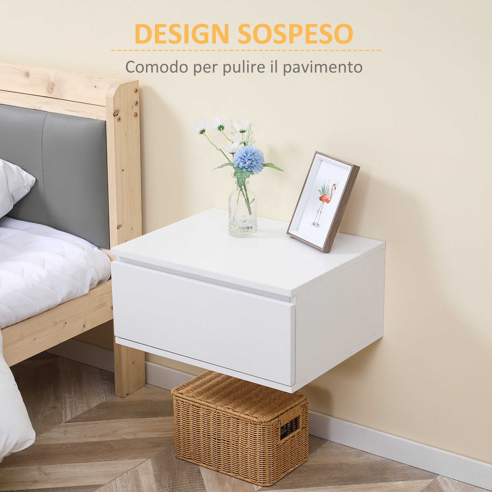 HOMCOM Comodino Set 2 Pezzi con Cassetto e Design Sospeso per Camera da Letto e Soggiorno, in Truciolato e MDF, 49x38x23 cm, Bianco - 5
