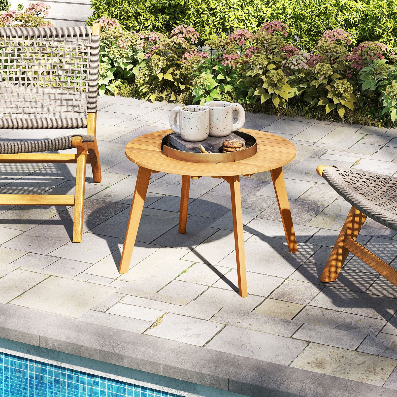 Table Basse Jardin en Bois d'Acacia, Table d'Appoint Ronde avec Plateau à Lattes&Structure Renforcée X, Montage Simple, Charge 75kg, 62x62x40cm - 8