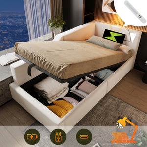 Oslghy Letto Imbottito 90x200 cm, Letto Singolo per Bambini con LED Luci e USB Porta, Modern Struttura del Letti Idraulico con Contenitore Testiera, Tasca e Rete a Doghe, Lino,Senza Materasso (Grigio