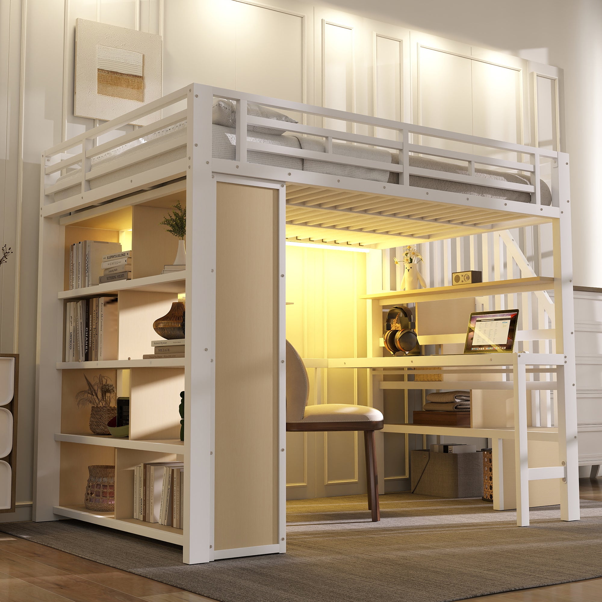 Lit Mezzanine 140x200 avec Bureau Intégré et Éclairage LED, Cadre Métal MDF Blanc, Escalier Rangement Étagères, Sommier à Lattes Inclus, Sans Matelas - 4