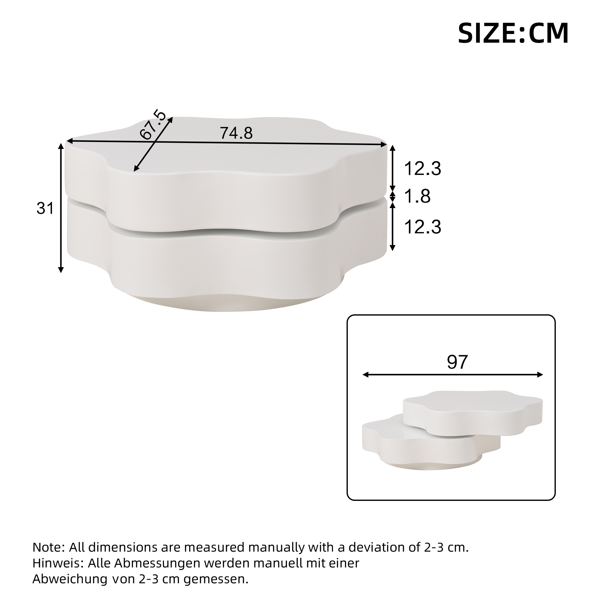 Table basse en forme de fleur 74.8x67.5x31 cm - Plateau pivotant à 360° - Design double couche - Blanc - 6