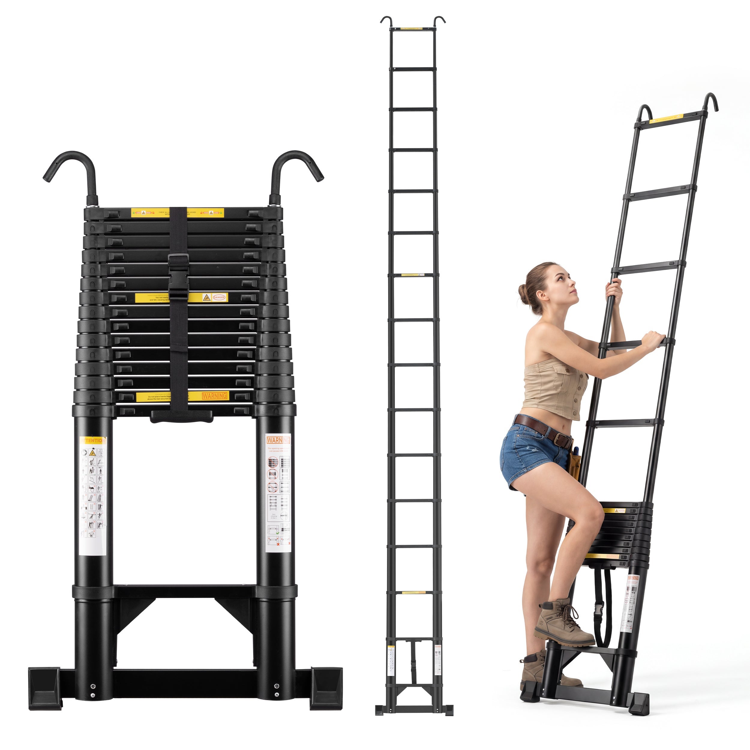 TEENO Échelle Télescopique 6.2 m Pliable en Aluminium, Barre Stabilisatrice et Crochet Amovible, Charge Maximale 150 kg - 2