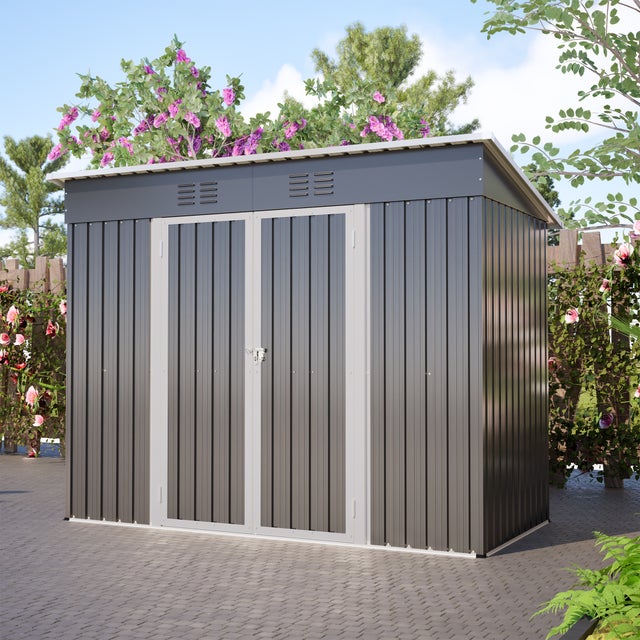 Abri de jardin en metal 4.63 m³ - 242x126x182 cm, cabane exterieur avec toit incline et porte verrouillable - acier galvanise - gris