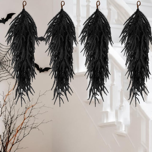 Juego de 4 coronas navideñas en forma de lágrima – Decoraciones de plantas artificiales colgantes para interiores y exteriores (68 cm, estilo 2)