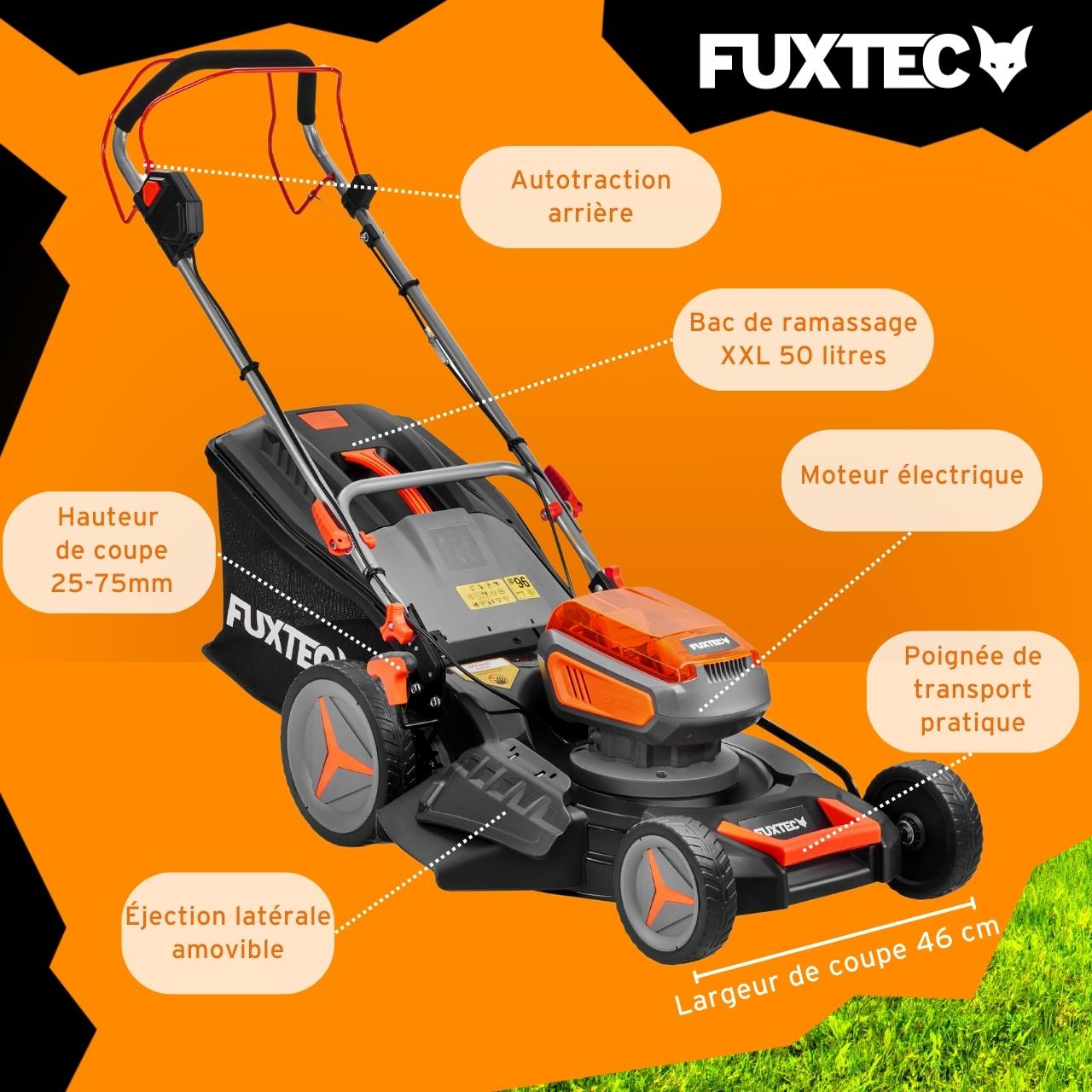 FUXTEC Tondeuse à Gazon Batterie Autotractée 40V (2x20V) 46 cm – Mulching, Éjection Latérale, 2 Batteries Li-Ion 4Ah – FX-E2RM46 - 6