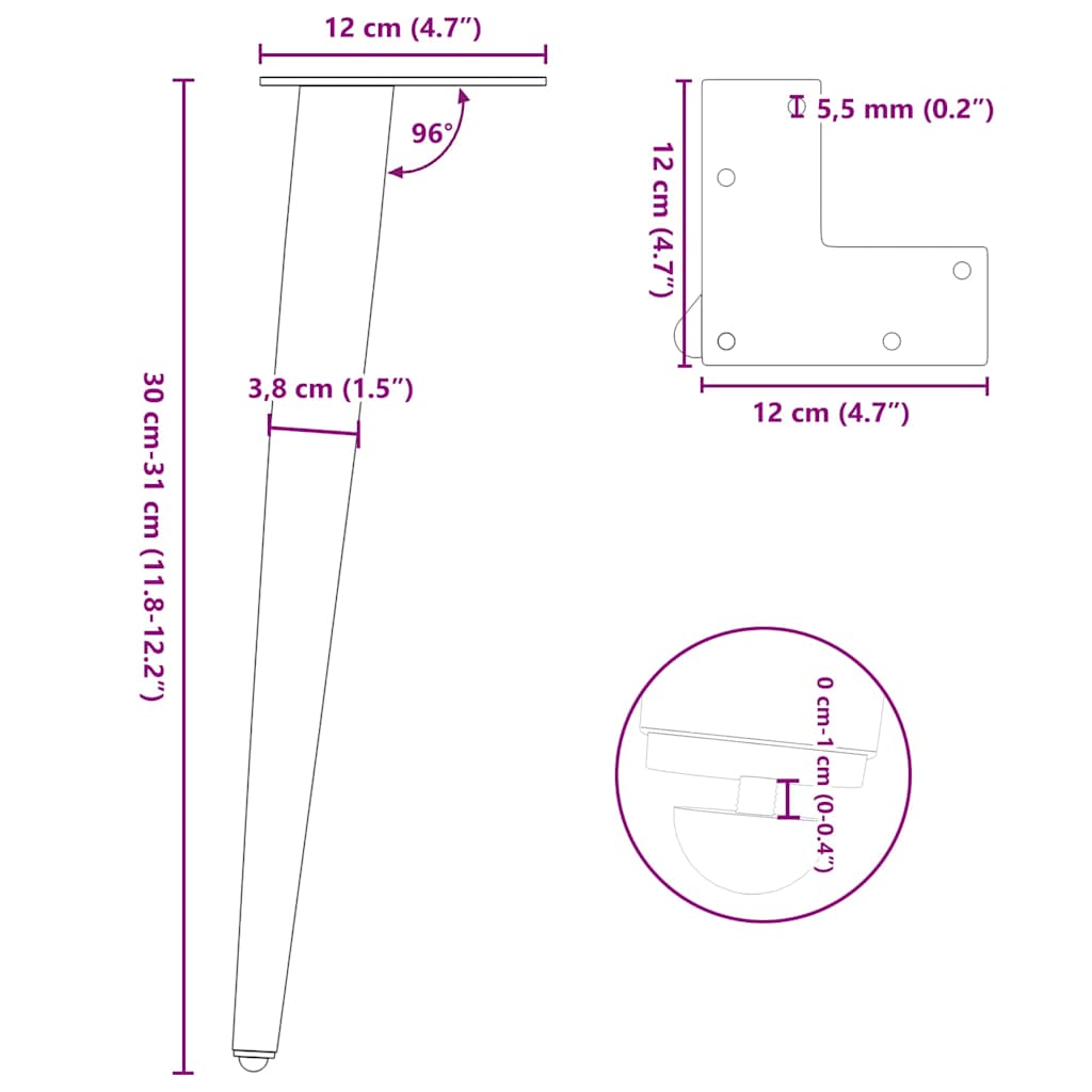 Pernas cônicas para mesa de centro 4 peças aço preto 30-31 cm - COMFORTXL - 9