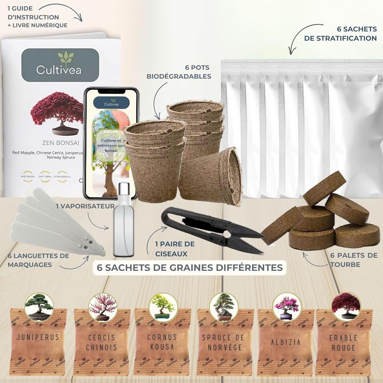 CULTIVEA® Mini Kit Prêt à Pousser 6 Bonsaï - Kit complet avec accessoires - Idée Cadeau Jardinage, Noël, Anniversaire - 3