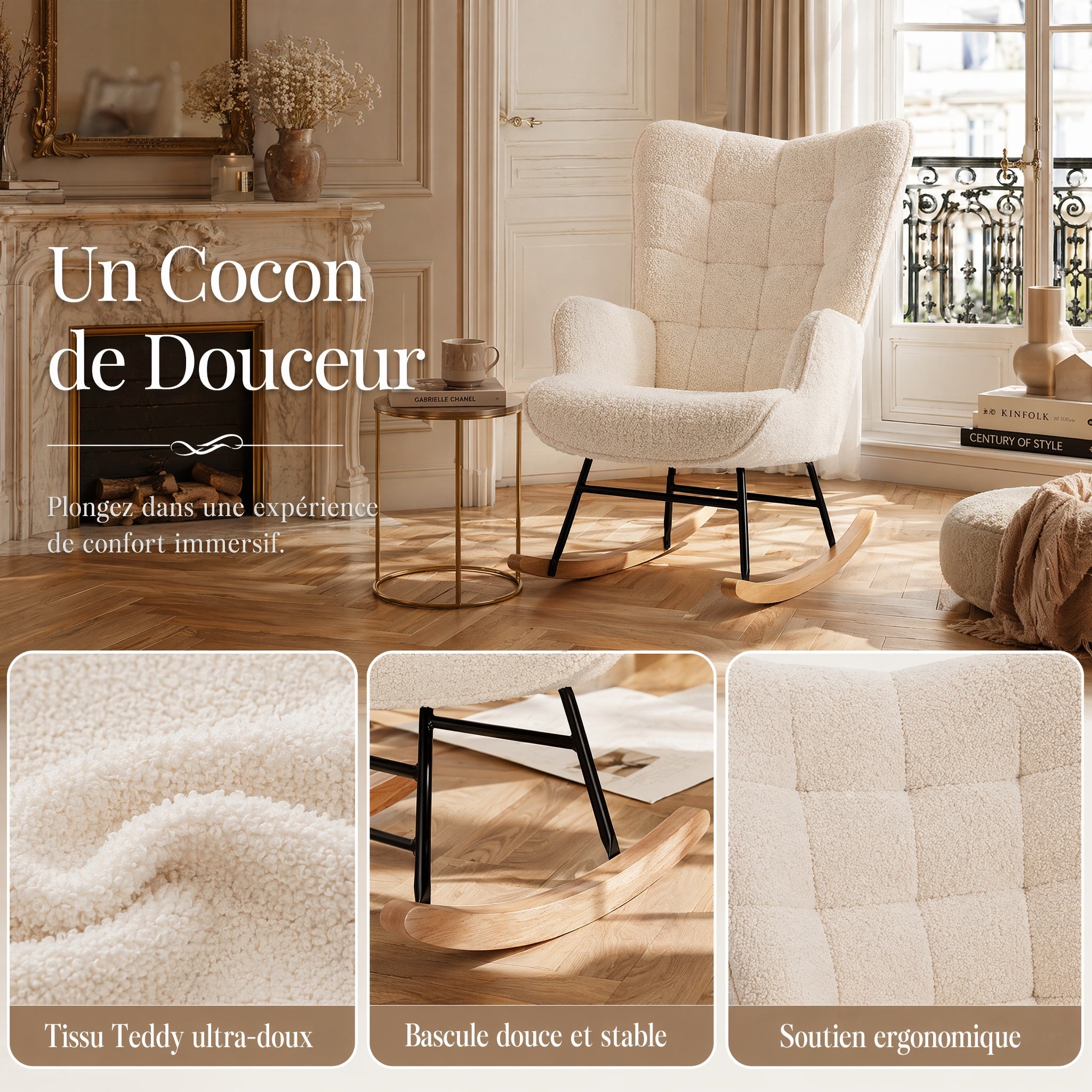 Fauteuil à Bascule Rocking Chair 68x75x92cm – Fauteuil Allaitant Rembourré avec Dossier Haut Capitomné et Accoudoirs – Peluche - Beige&nbsp; - 5