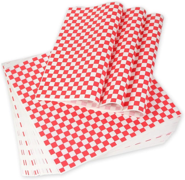 200 arkuszy papieru woskowanego Deli Wax Sheets do pakowania kanapek, 12x12 cali – czarno-białe, kratkowane wyściółki do koszyków na żywność, do rest