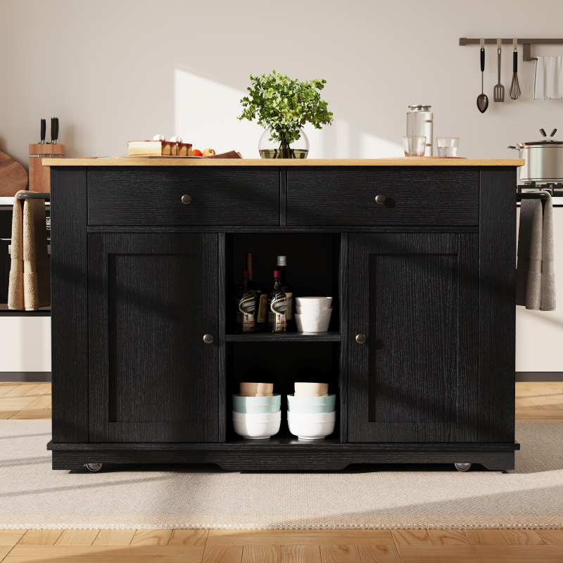 Carro de comedor, dos cajones y dos puertas, 151,5 x 59,7/84,7 x 91,7 cm (l x a x al), negro