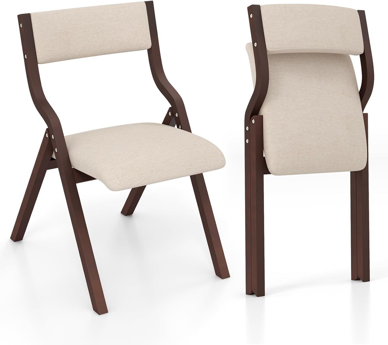 Zestaw 2 Składanych Krzeseł do Jadalni, Drewniane Krzesła Stołowe z Tapicerowanym Siedziskiem, Oparcie z Tkaniny Lnianej (Brązowe)