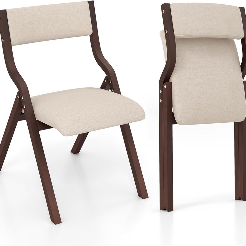 Zestaw 2 Składanych Krzeseł do Jadalni, Drewniane Krzesła Stołowe z Tapicerowanym Siedziskiem, Oparcie z Tkaniny Lnianej (Brązowe)