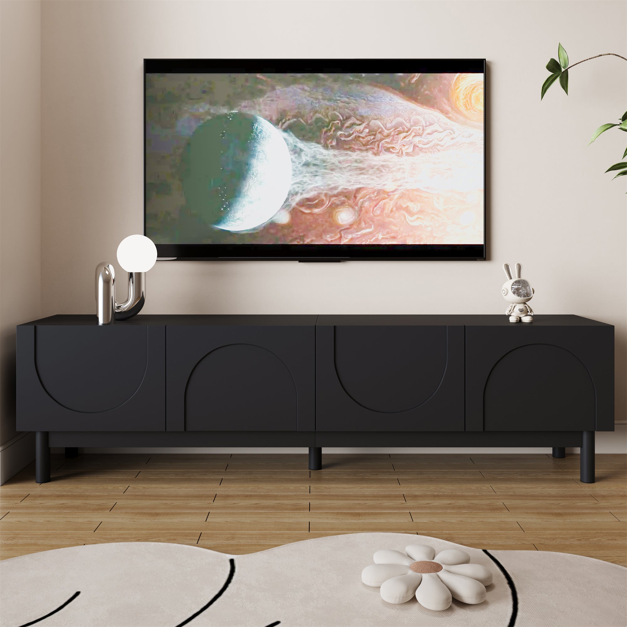 Szafa pod TV 169x34x45,5 cm - 4 drzwi - MDF + płyta wiórowa - czarny