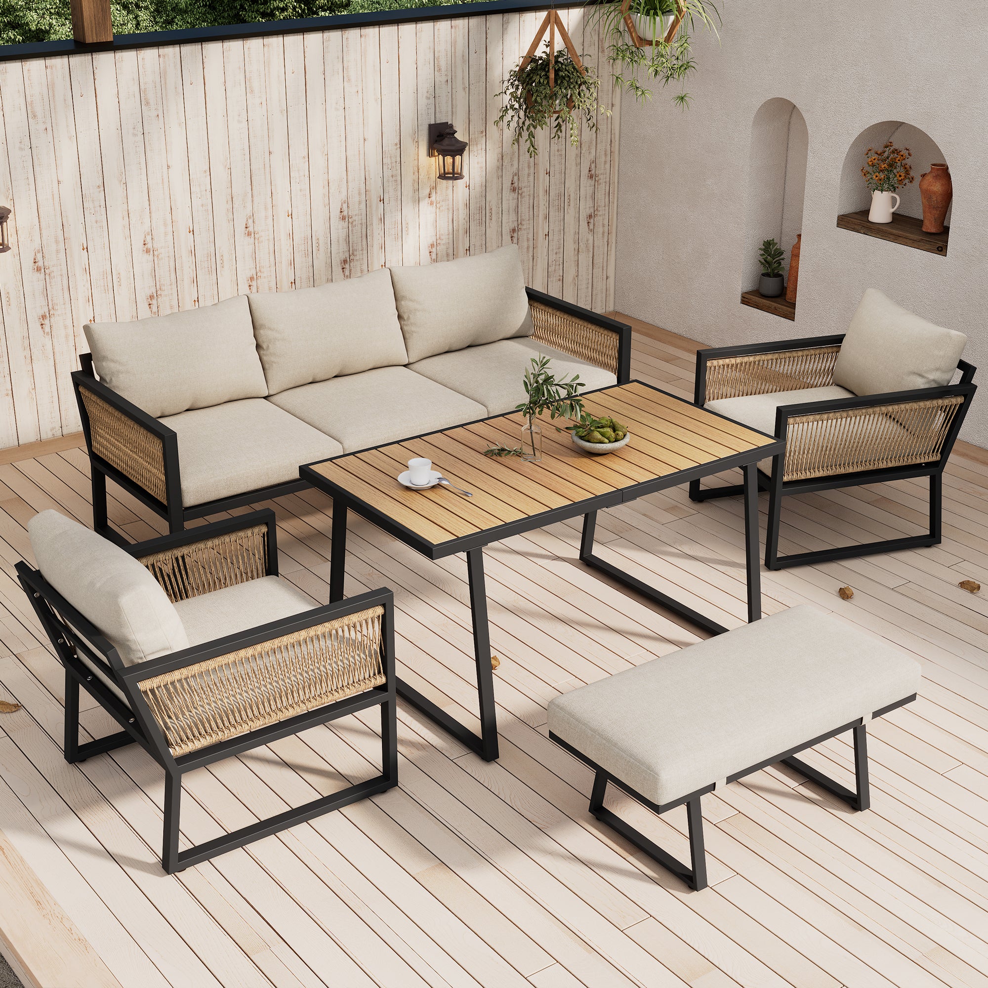 Salon de Jardin pour 6 personnes - structure acier galvanisé - ensemble de meubleus d'extérieur avec canapé 3 places + 2 fauteuils + table, beige - 8