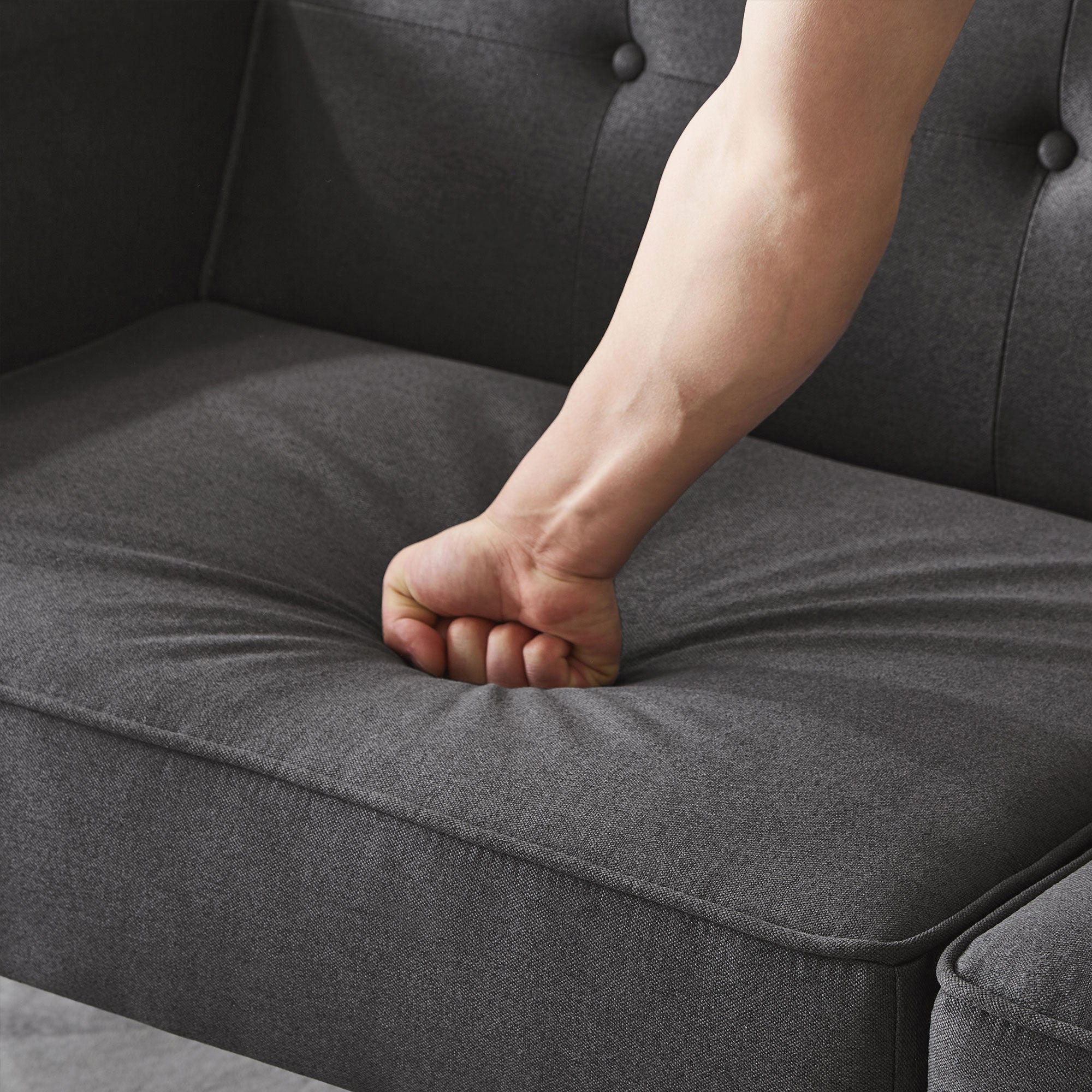 Sofá 2 en 1 (176x76x74 cm) - Chaise longue - Doble respaldo ajustable - Función cama - Tejido algodón-lino - Espuma alta densidad - Negro - 8