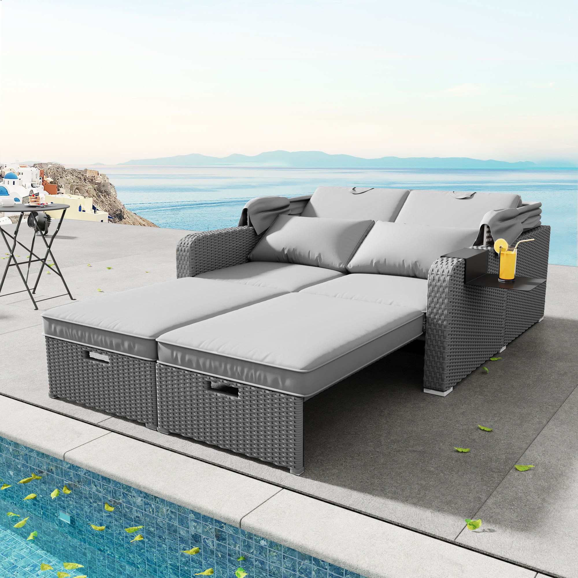 Canapé Polyrattan 2 Places avec Fauteuil Lounge, Coussins Confortables et Marquise Amovible pour Jardin et Terrasse - 7