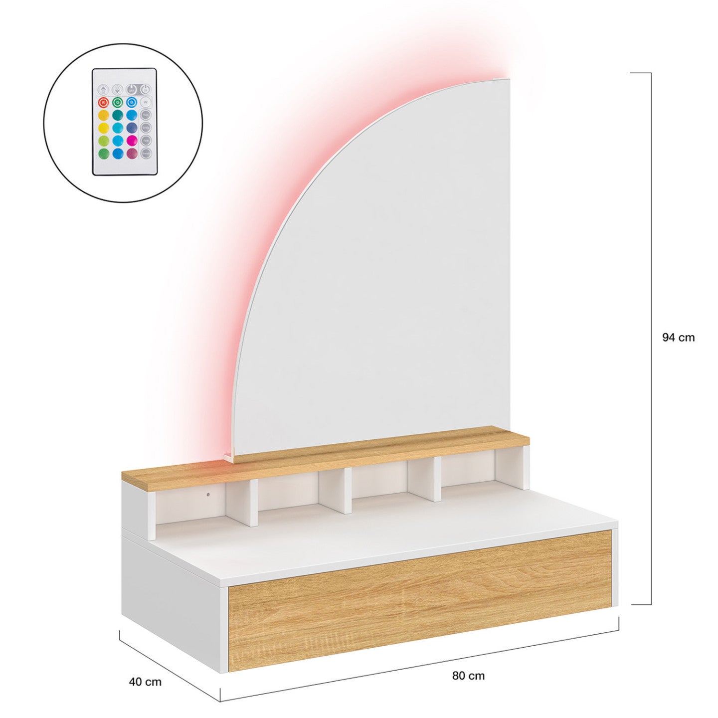 Coiffeuse suspendue ZELIA miroir LED avec 4 niches, 1 tiroir bois et blanc - 4