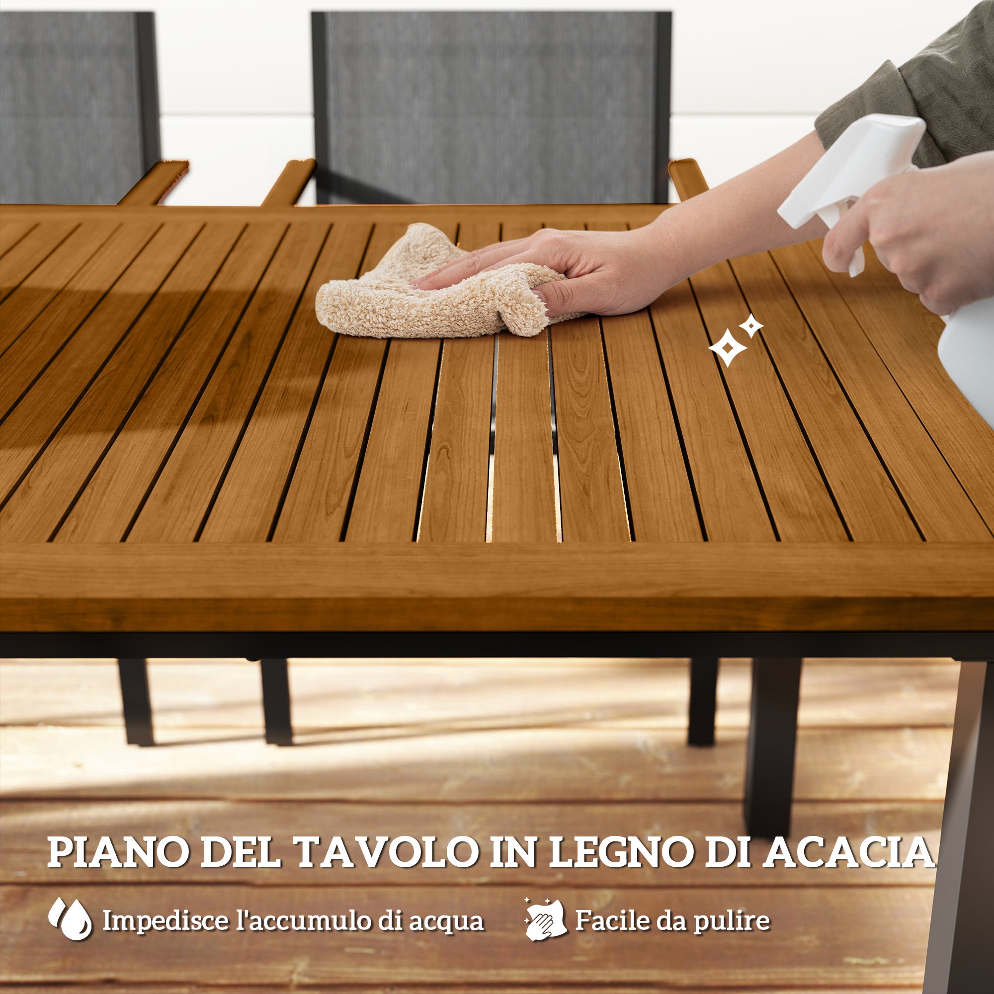 Outsunny Set da Giardino 7 Pezzi con Tavolo da Pranzo e 6 Sedie Impilabili con Braccioli, Teak - 4