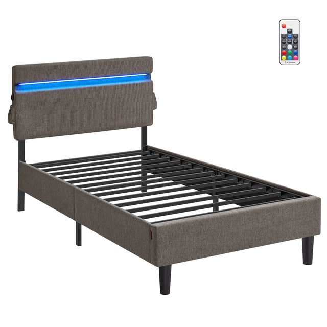 Lit 90 x 190 cm, Cadre de Lit avec Tête de Lit, Éclairage LED, Prise Port USB et Type-C, Style Moderne, Gris Foncé