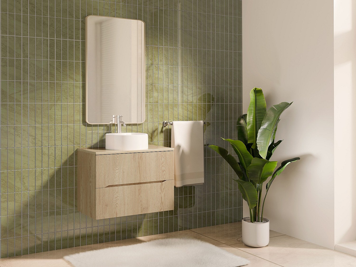 Szafka łazienkowa wisząca prążkowana z okrągłą umywalką nablatową i baterią – Jasny naturalny – 80 cm – ORISO