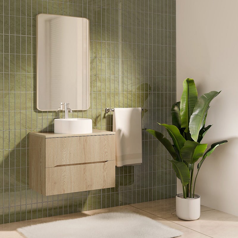 Szafka łazienkowa wisząca prążkowana z okrągłą umywalką nablatową i baterią – Jasny naturalny – 80 cm – ORISO