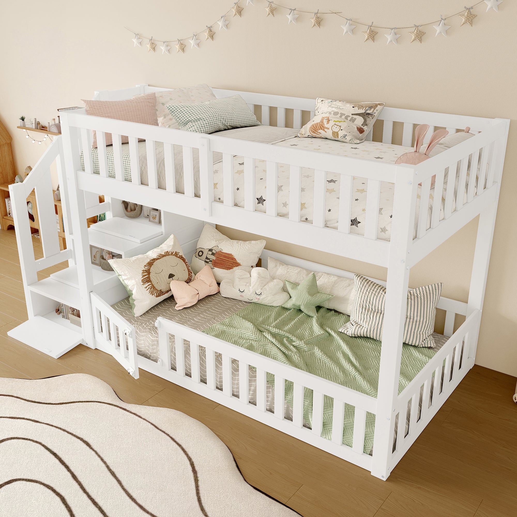 Litera Infantil 90x200 cm Blanco, Madera de Pino + MDF, Cama Baja con Escalera de Almacenamiento, Barandilla Segura - 4