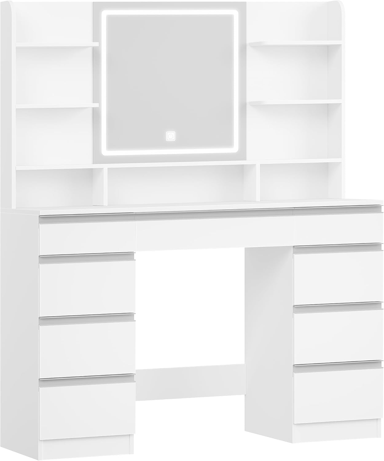 Grande Coiffeuse avec Éclairage LED, 3 Couleurs, Luminosité Réglable, Miroir, 9 Tiroirs, 9 Étagères Ouvertes, Blanc-Argent - 8