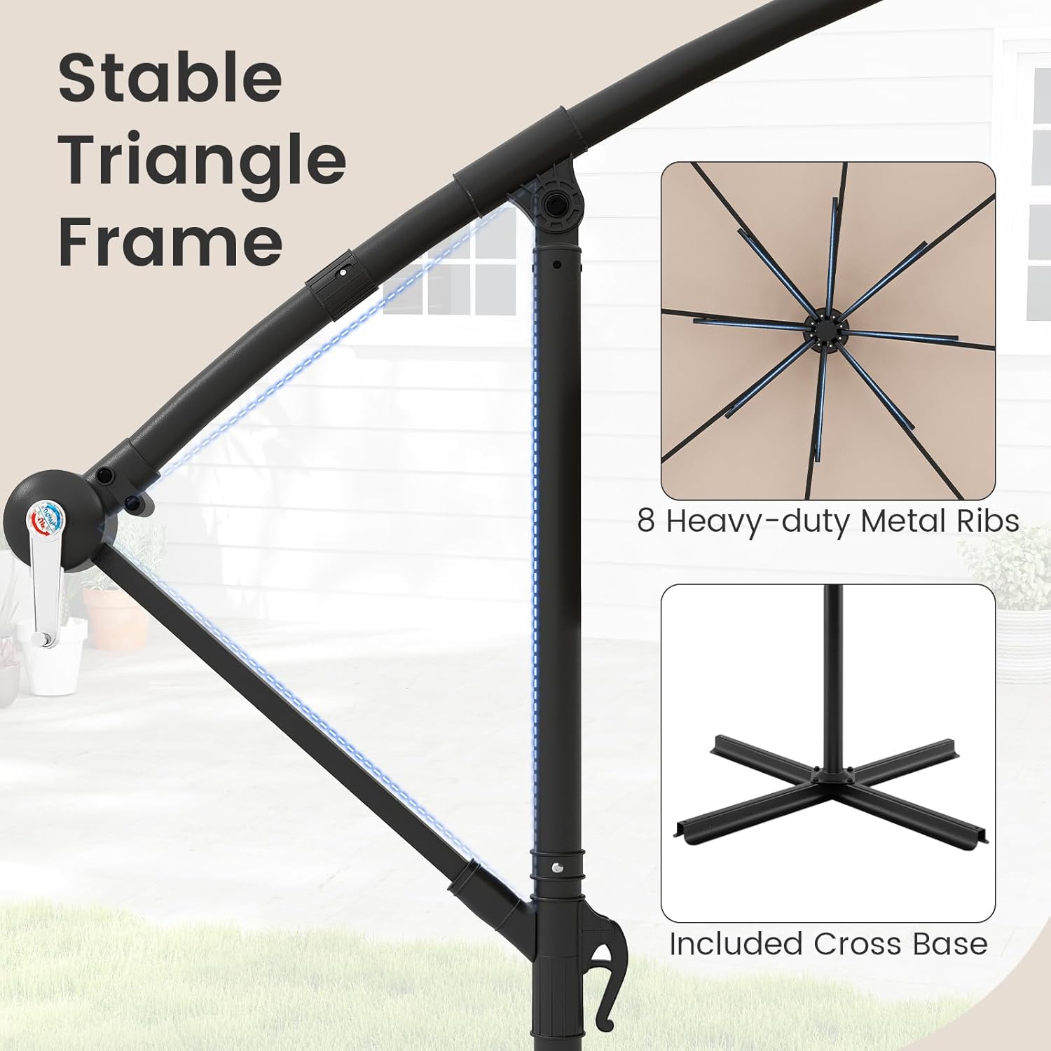 Parasol Déporté 3x3m avec Housse, Grand Parasol de Jardin Exterieur,8 Baleines et Base Croisée, Parasol Inclinable Suspendu avec Manivelle(Beige) - 7