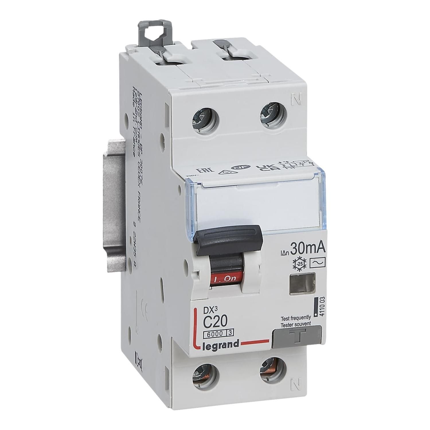 411003 Disjoncteur Différentiel 20a - 30ma - Type Ac - 1p+n - 2 Modules - Neutre à Droite - Auxiliarisable - Legrand - 2