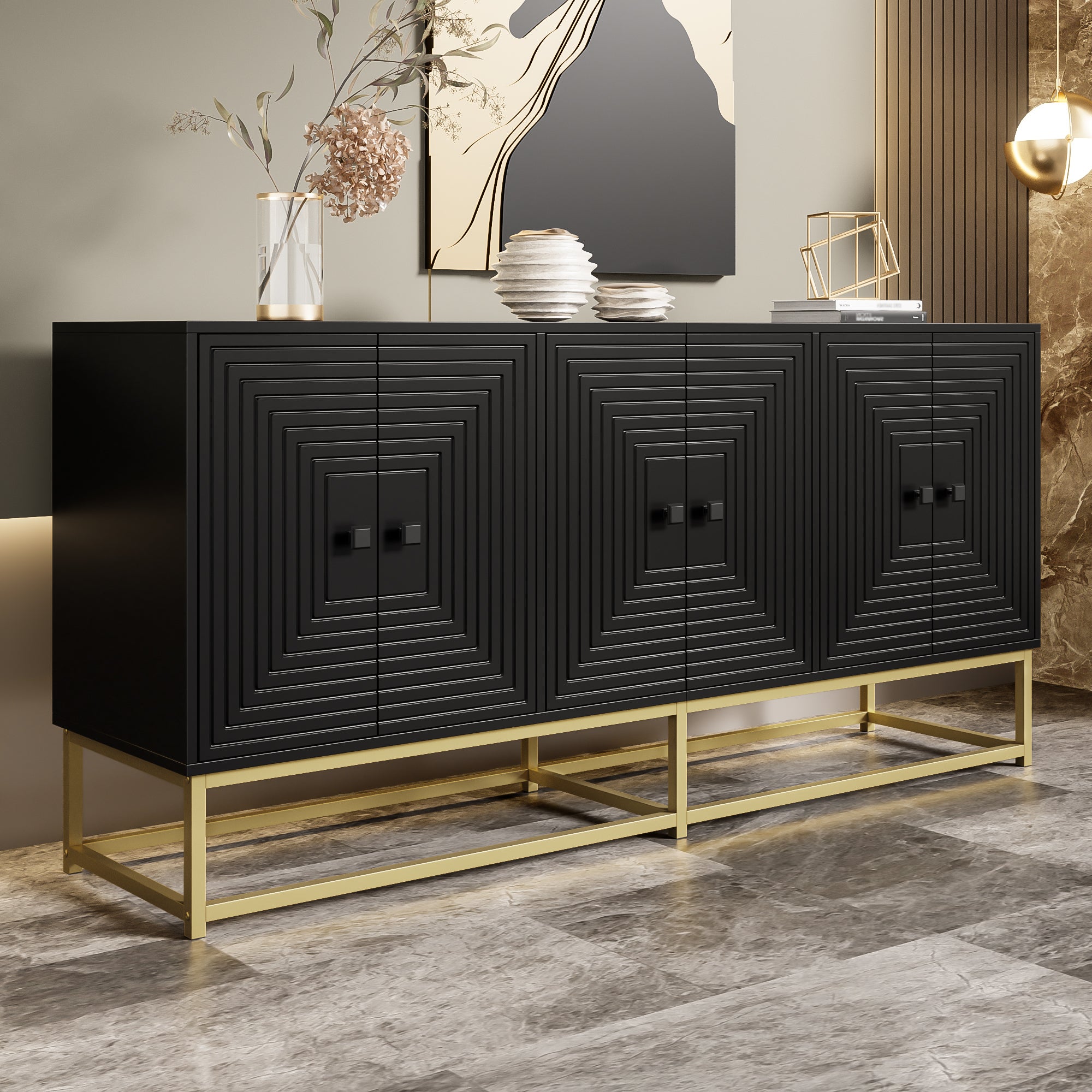 Nowoczesna komoda z 6 drzwiami - 160 x 38 x 75,5 cm - do salonu, jadalni - Płyta wiórowa - Kolor biały