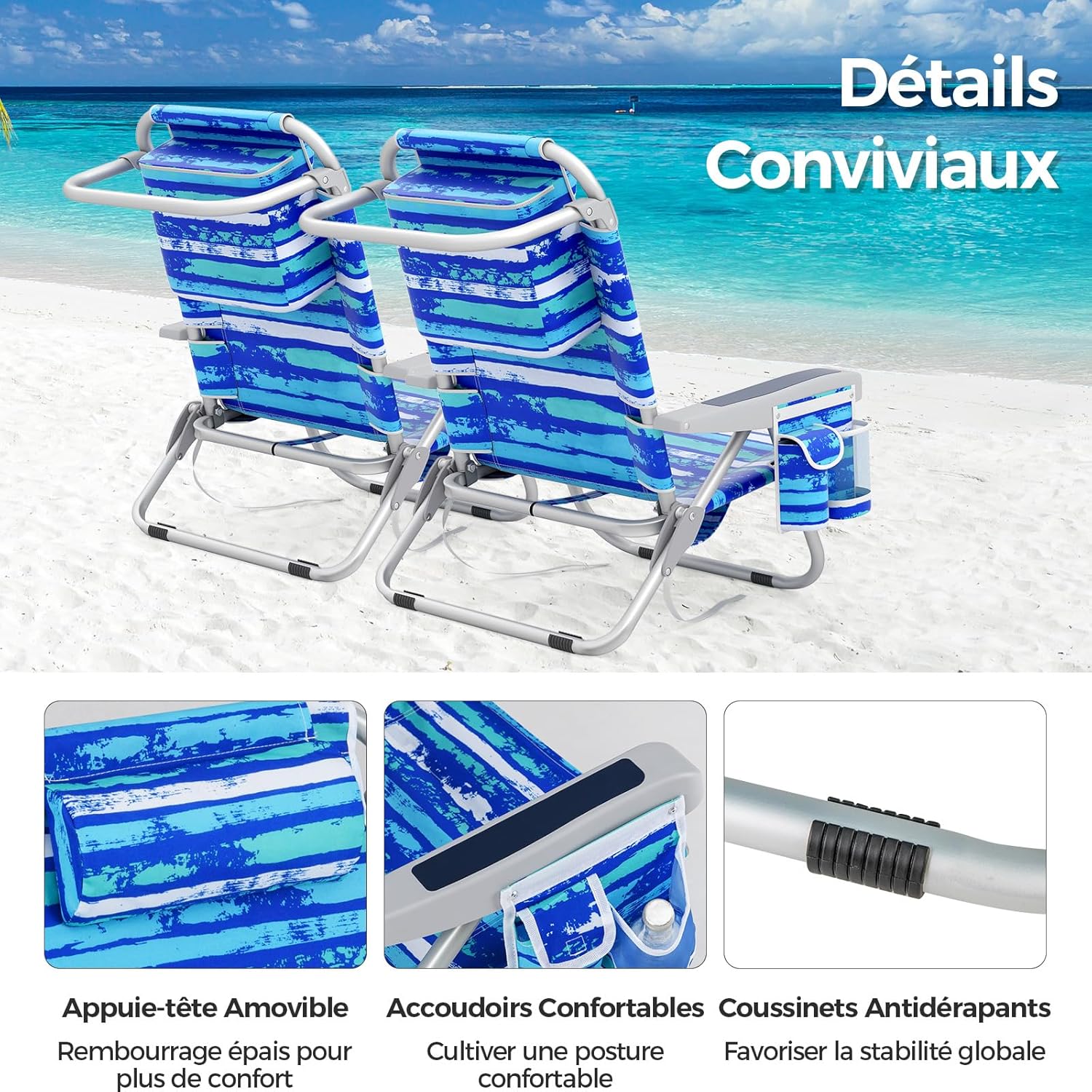 Cadeira de praia dobrável, porta-copos, porta-toalhas, almofada para a cabeça, carga máxima de 150 kg - 7