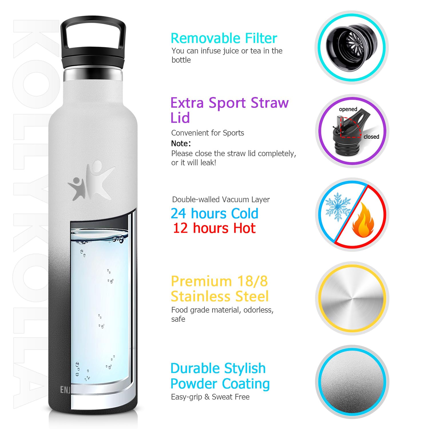 Borraccia Termica 1 Litro In Acciaio Inox - Doppio Coperchio (Cannuccia E Apertura Larga), Senza BPA, Isolante - Foto 4