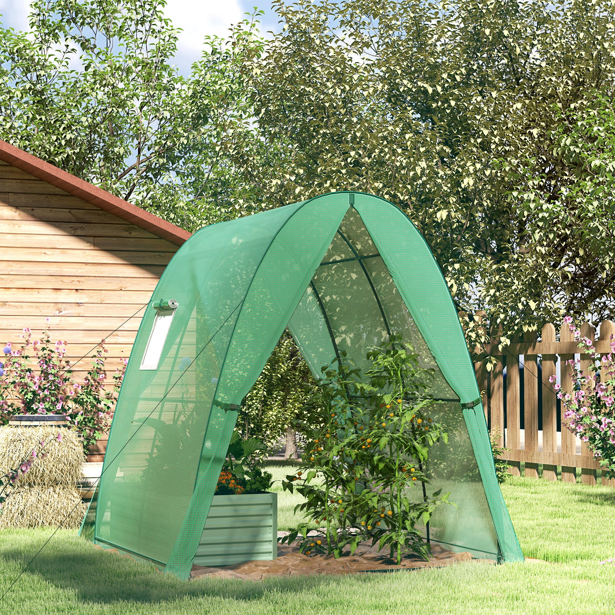 Serre voûtée avec sacs de sable et bâche plastique, 2 portes enroulables, fenêtres en filet, portable, 1,8 x 1,8 x 2 m, verte - 3