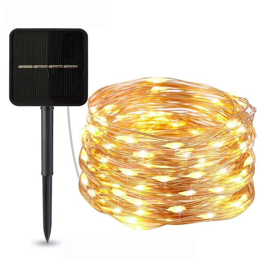 Solarne lampki choinkowe, 10 metrów, 100 LED, drucik miedziany, 8 trybów, ochrona IP65, do dekoracji wewnętrznych/zewnętrznych choinki, ciepła biel