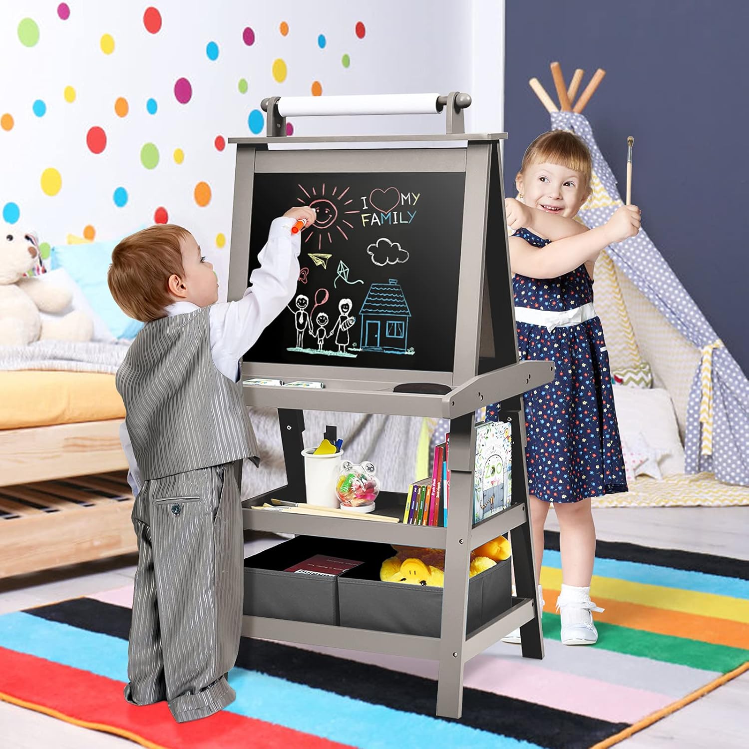 Tableau Enfant Double Face, Chevalet Enfant avec Tableau Blanc/Noir Effacable, Tableau Magnétique avec Rouleau,pour 3+ Ans, Gris - 8