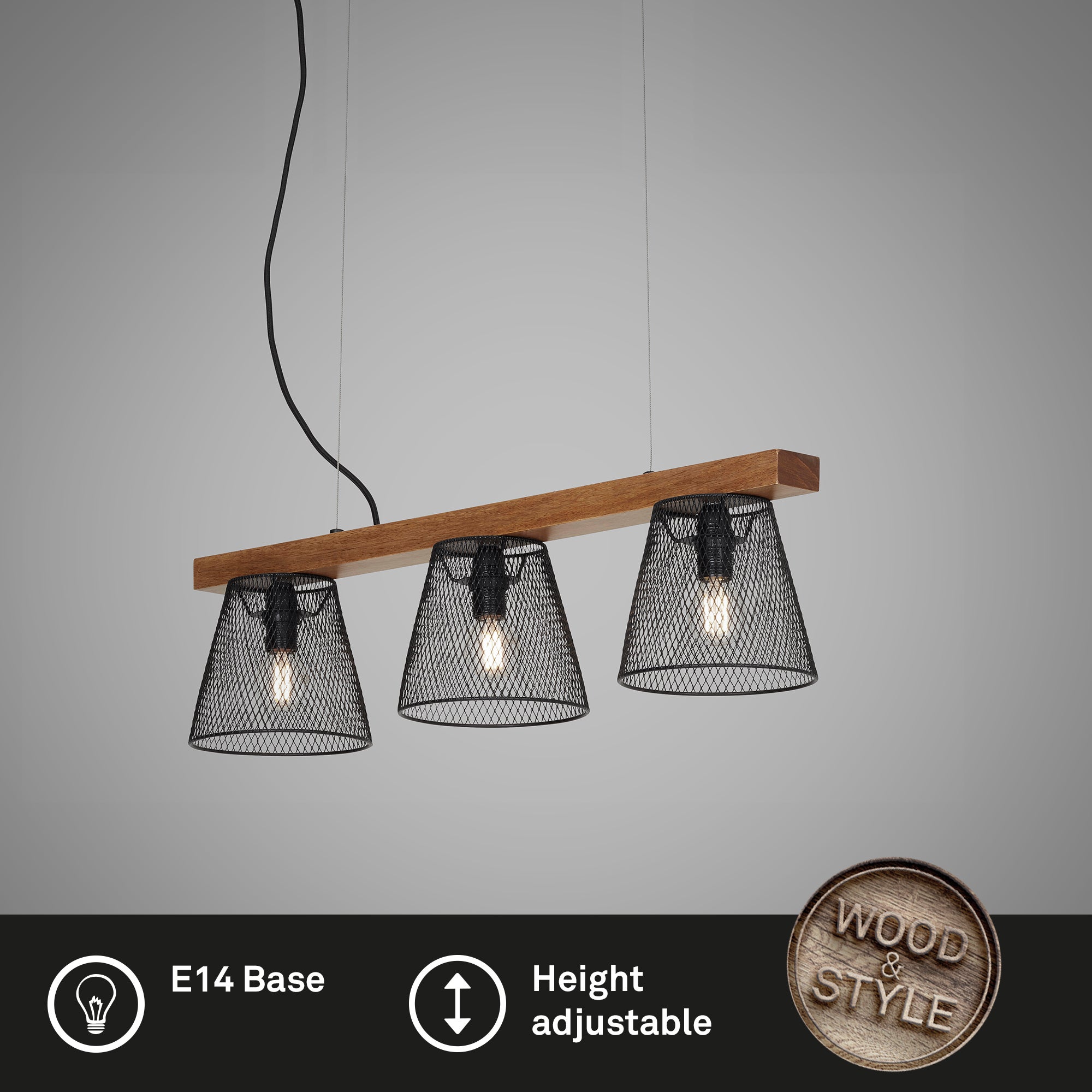 Lampe à suspendre BRILONER LEUCHTEN TAUNUS, 25 W, IP20, noir, métal-bois, excl. 3x E14, 65 x 15 x 136 cm - 2