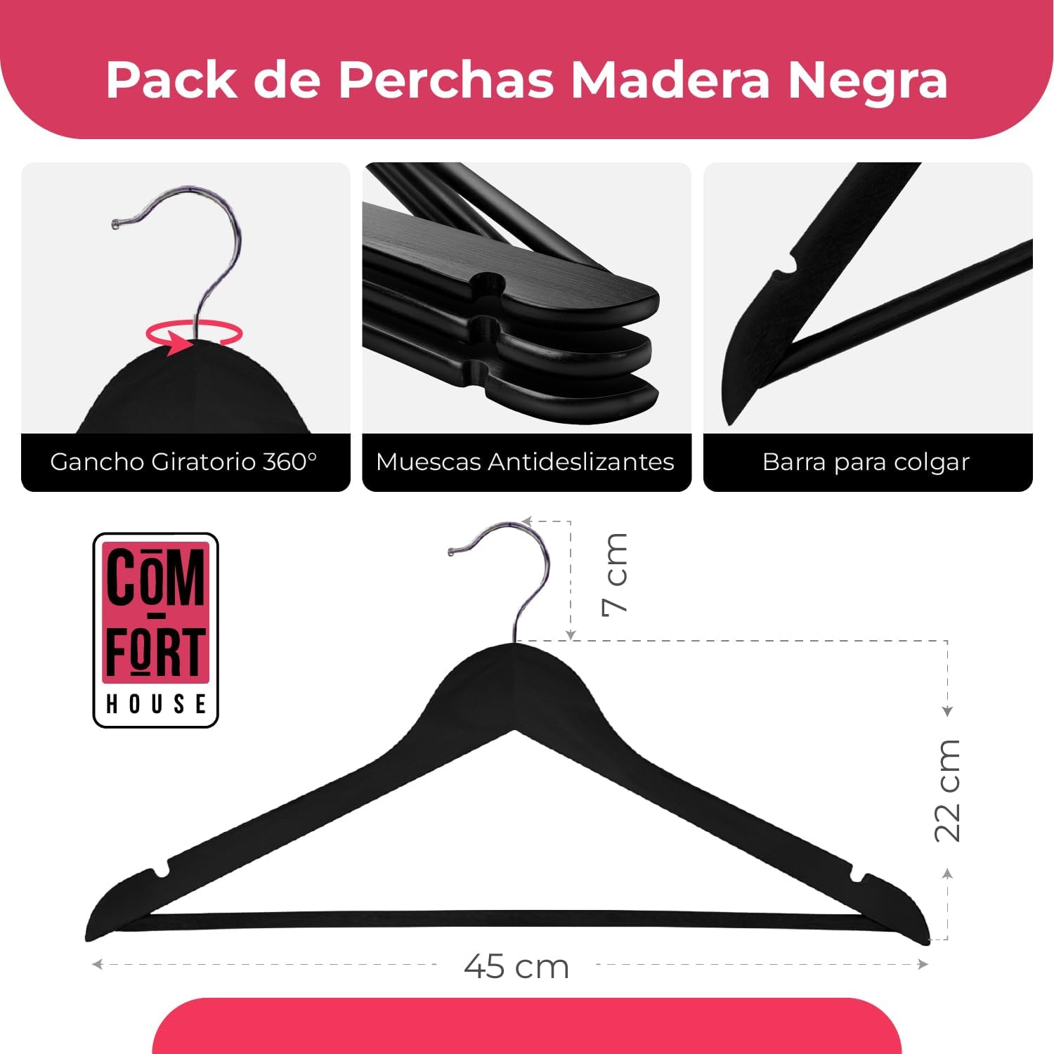 Pack de 40 Perchas de Madera Maciza color negro con Gancho Giratorio 360° y Muescas Antideslizantes - con Barra para Pantalones - Alta Resistencia - 2