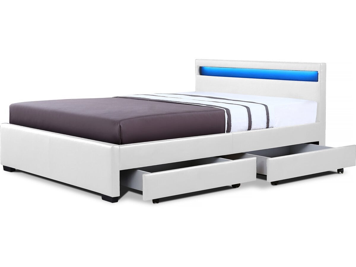 Łóżko "Nico" z podświetleniem LED - Zawiera szuflady - 160 × 200 cm - Białe