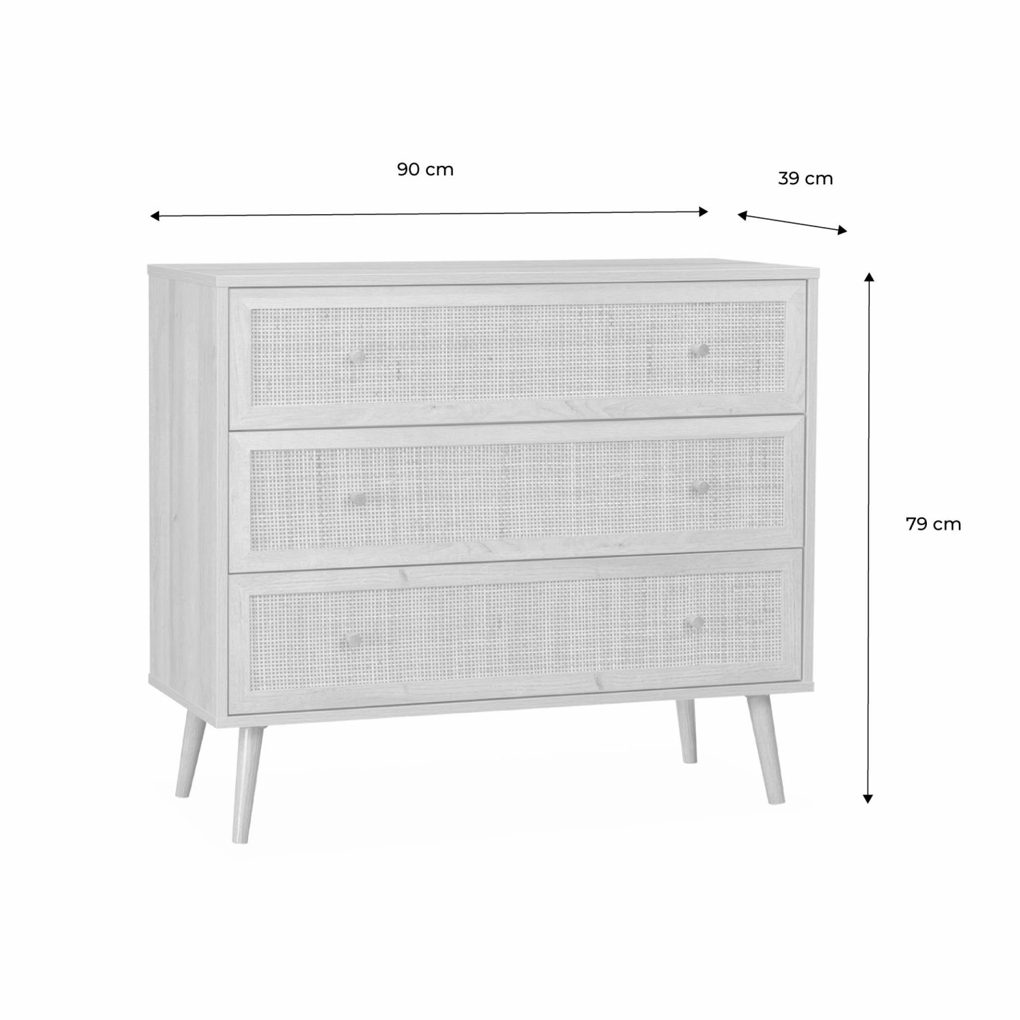 Commode en décor bois blanc et cannage 90x39x79cm - Bohème - 3 tiroirs - 6