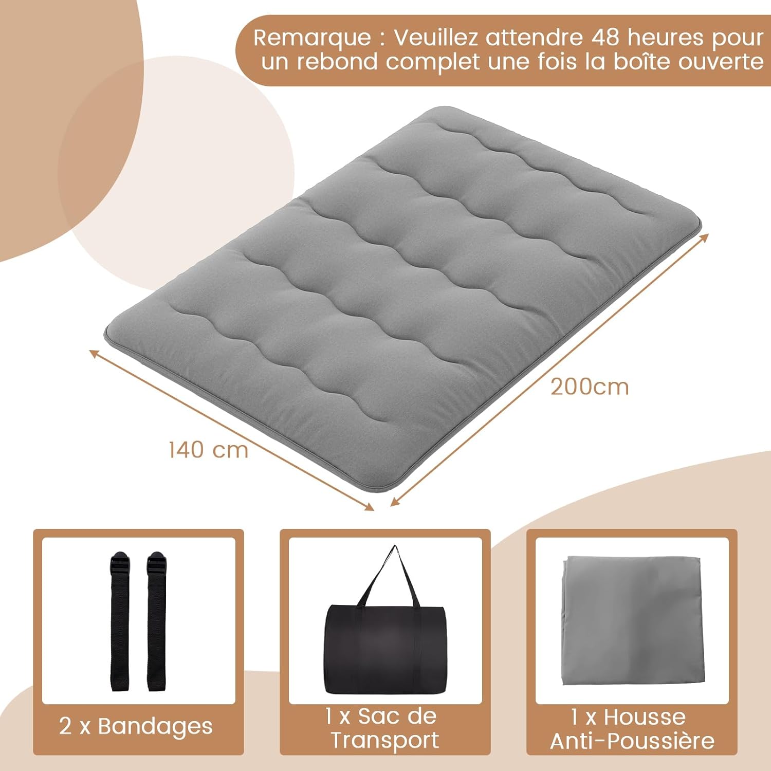 Matelas Futon Japonais 2 Personne 140x200CM, Lit de Couchage Enroulable de Sol Pliable et Portable, Sac de Transport pour Camping, Voyages, Gris - 3