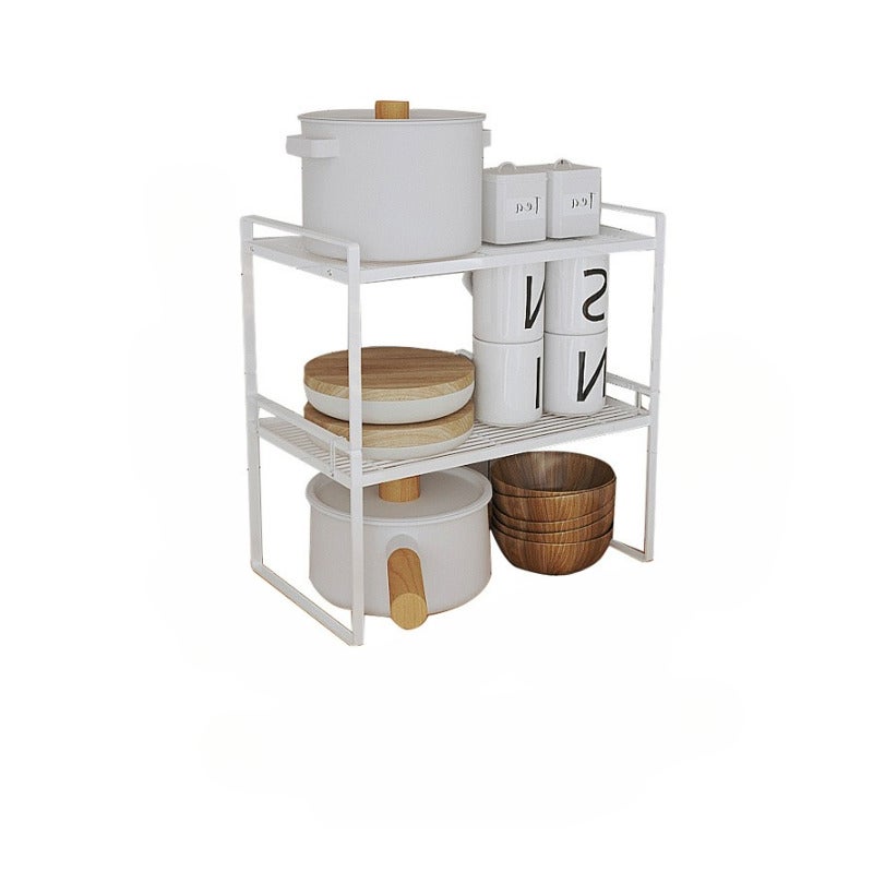 Średniej wielkości, mocna i trwała dwupoziomowa półka kuchenna, wykonana ze stali węglowej, w kolorze białym, 42x21x36,8 cm