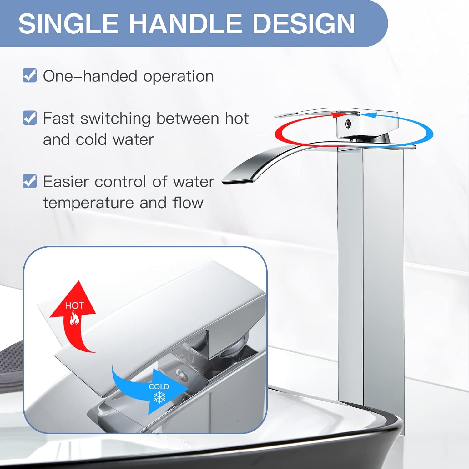 Grand robinet d'évier à cascade moderne avec eau chaude et froide disponible, robinet à cascade chromé，Robinet Cascade Silver Natural Bend - Haut - 3