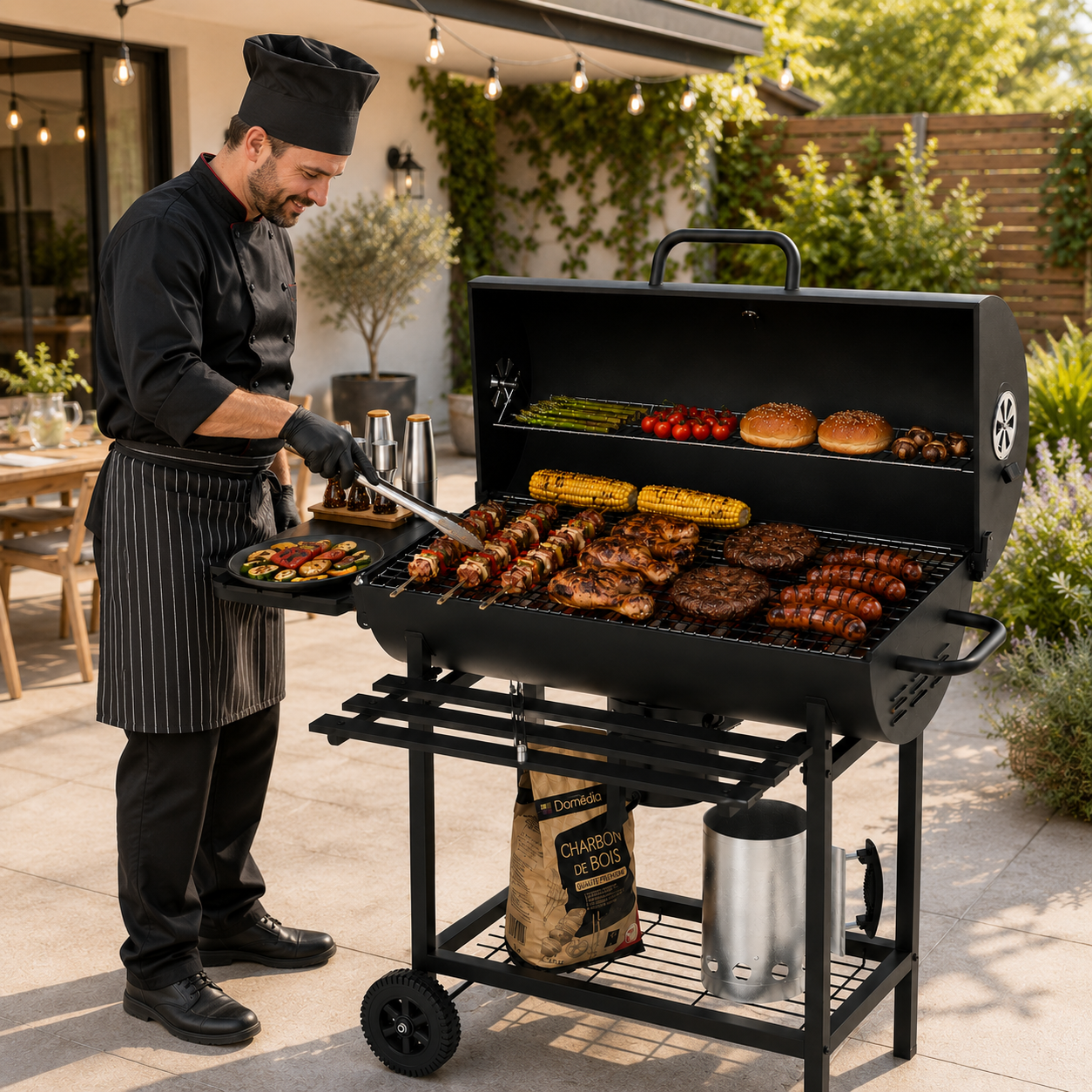 Barbecue au charbon avec couvercle et ventilation réglable pour jardin avec roues - 3