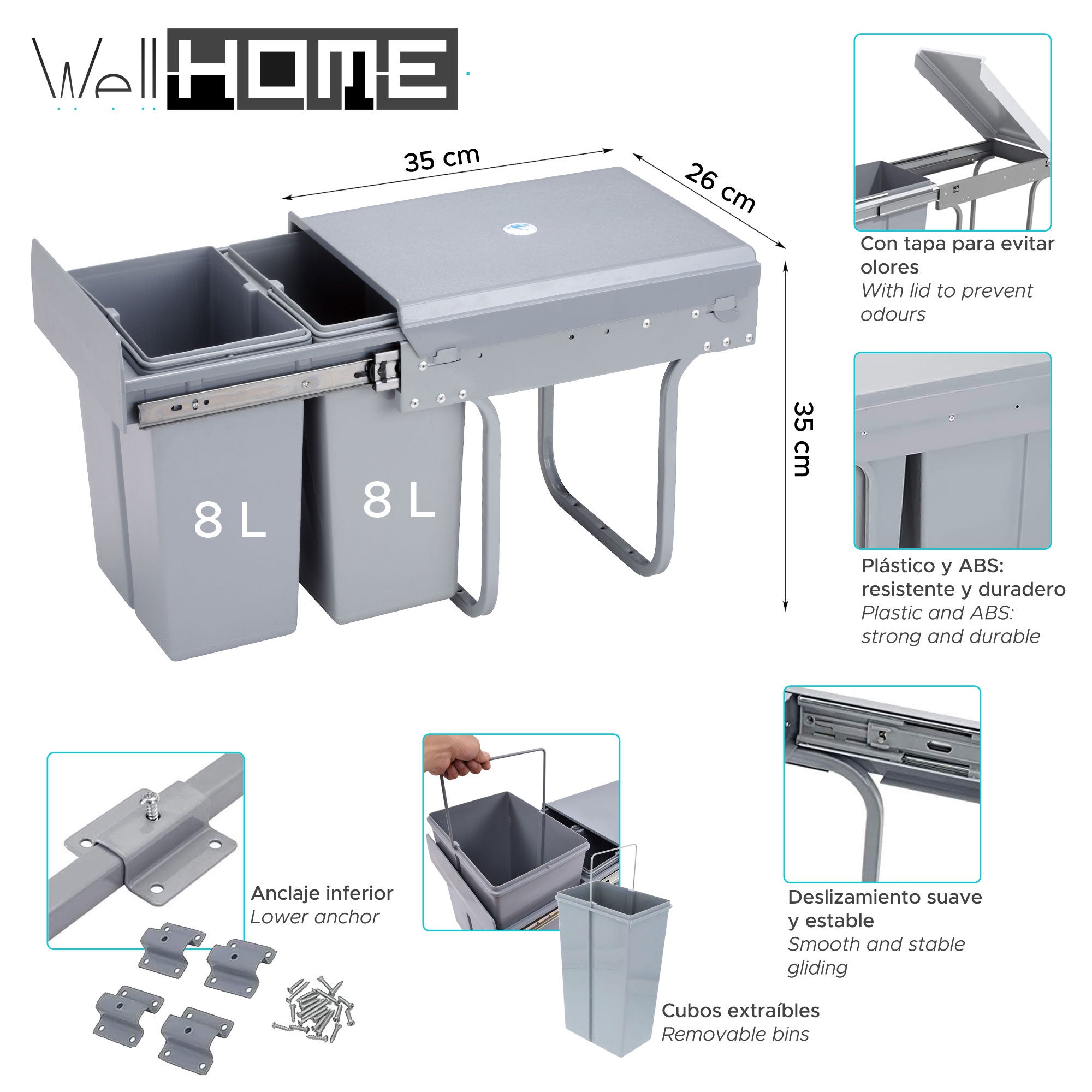 WellHome Cubo de basura para mueble de cocina 16L Gris Leroy Merlin