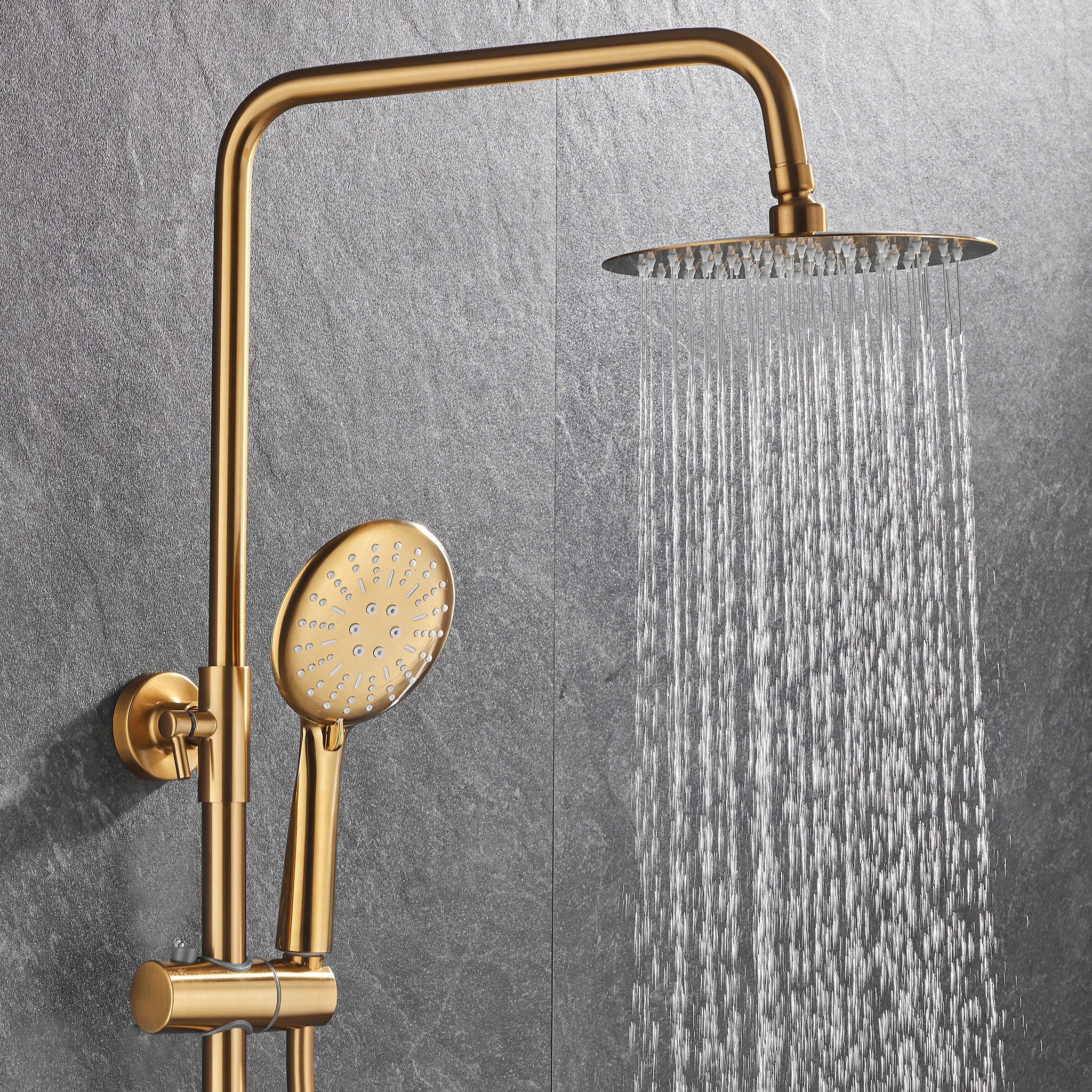 Valaz Barra de chuveiro redonda com alavanca única ajustável até 120 cm, ouro escovado - Série Ebro - 25 cm - 5